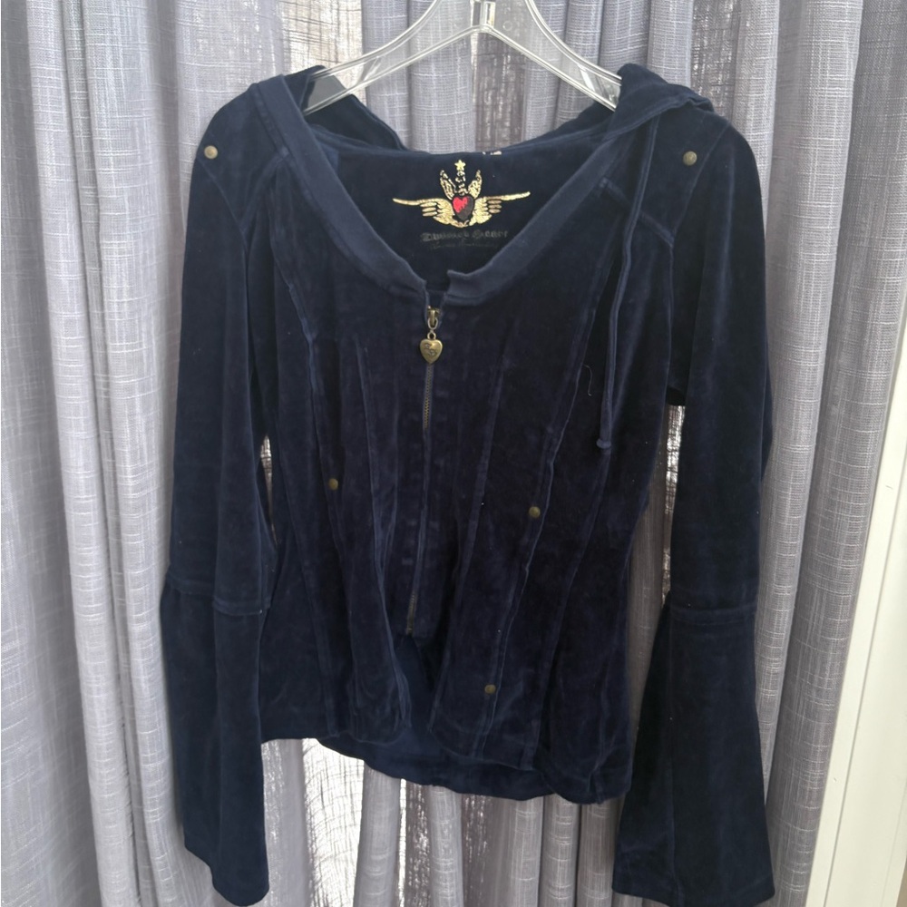 Womens Navy Velour Pants jacket S Set V2K vintage retro outfit twisted heart - Picture 3 of 16